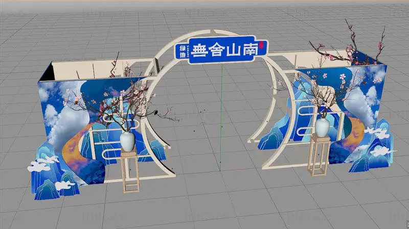 Nuevo arco de exhibición de marketing inmobiliario de estilo chino, escena de evento con arte floral paisajístico en tonos azules y blancos, modelo 3D