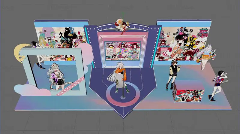 Národní trend anime postava trend stánek, neonová atmosféra kreativní komerční displej 3D model scény