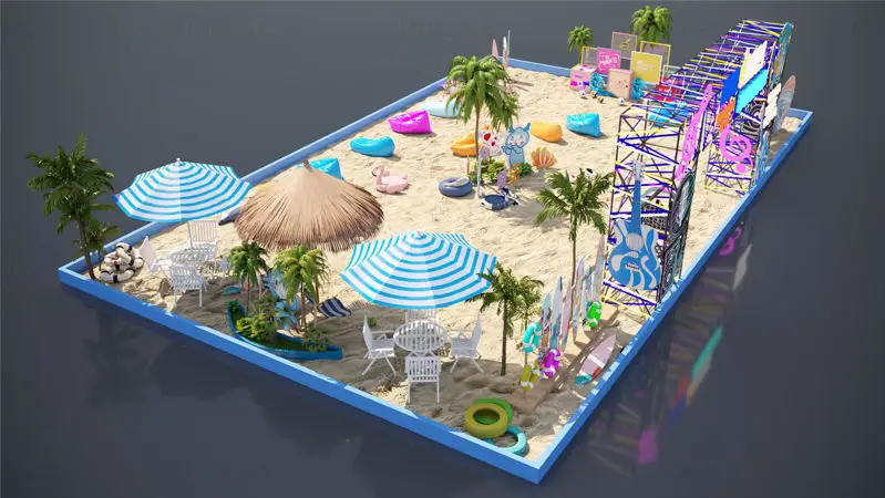 Poletna obmorska tematika plaže, senčniki, palme, kreativni 3D-model prizora komercialnega dogodka