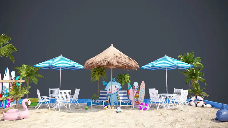 Poletna obmorska tematika plaže, senčniki, palme, kreativni 3D-model prizora komercialnega dogodka