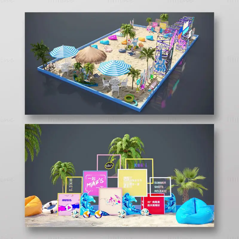 Poletna obmorska tematika plaže, senčniki, palme, kreativni 3D-model prizora komercialnega dogodka