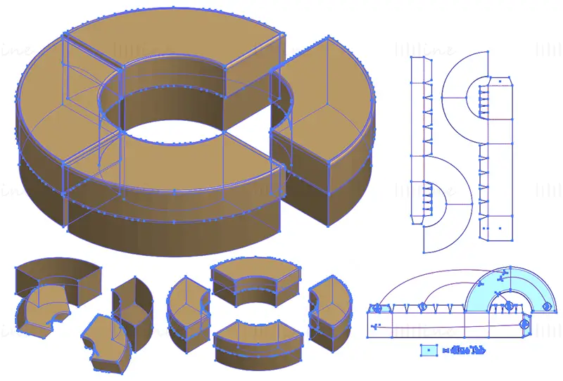 4 grid circle packaging box dieline vector