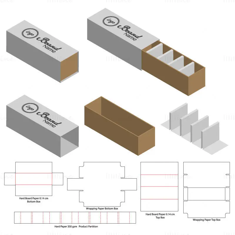 5 grid rectangular drawer box dieline vector