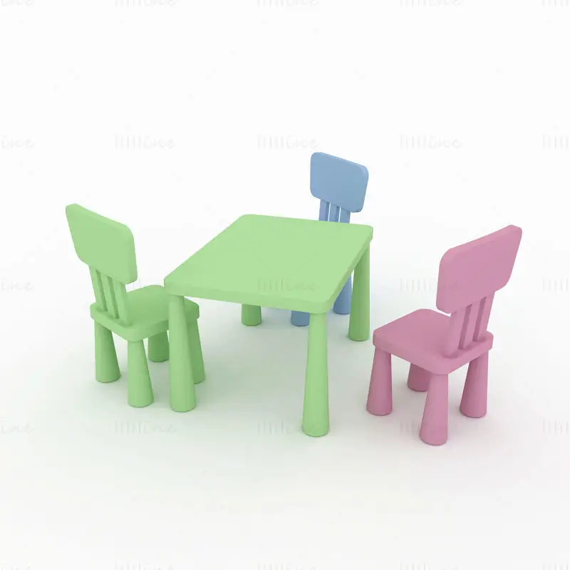 A 3D model of tables and chairs for kindergarten children