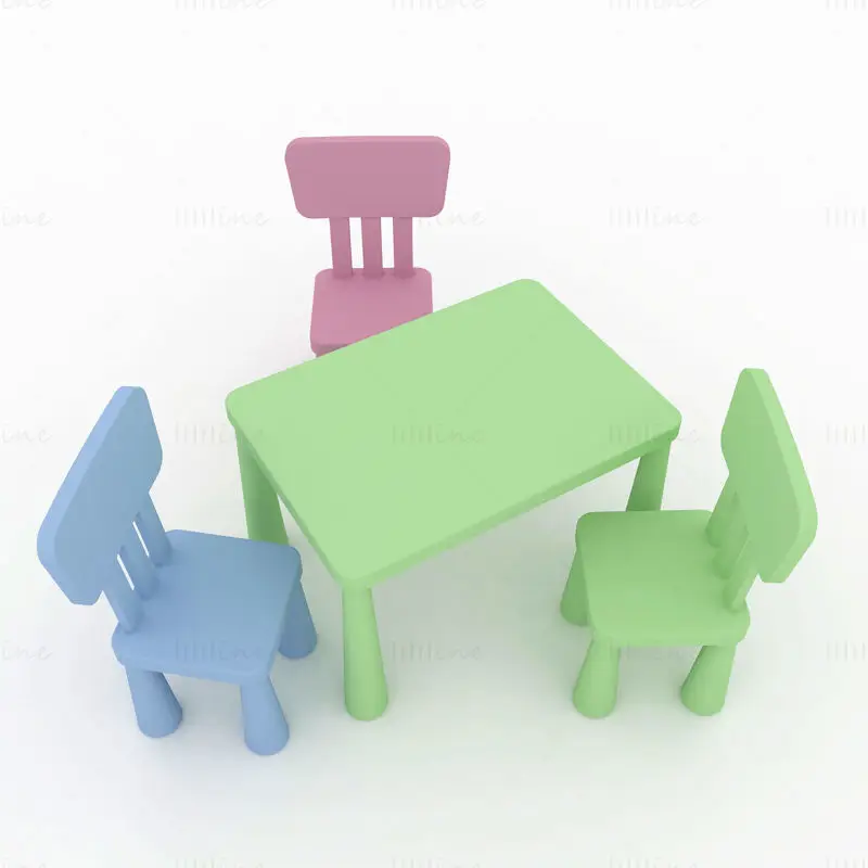 A 3D model of tables and chairs for kindergarten children