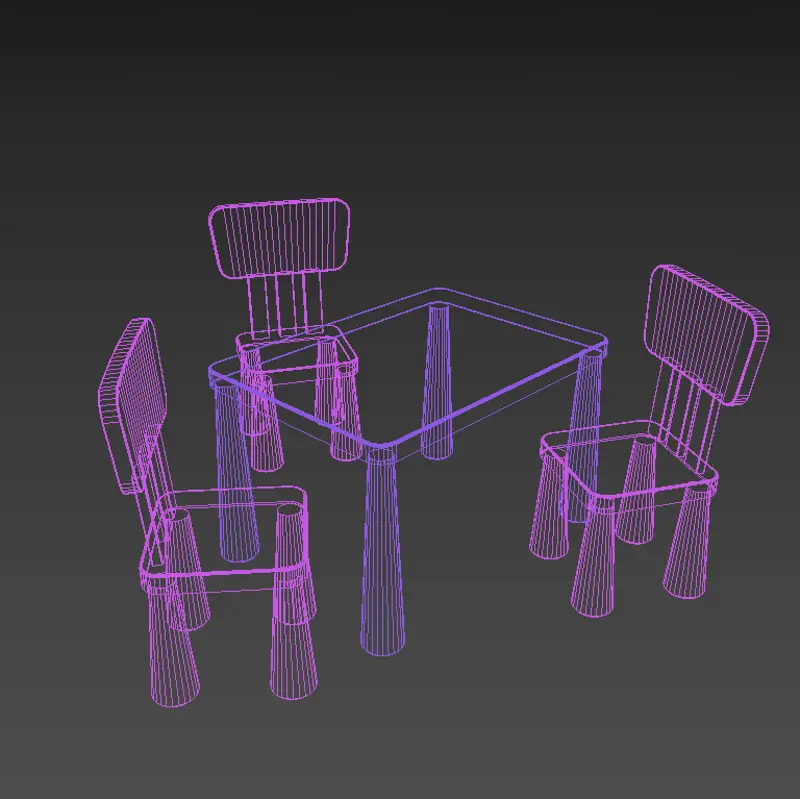 A 3D model of tables and chairs for kindergarten children