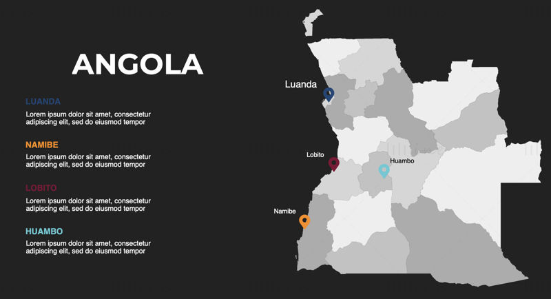 Инфографическая карта Анголы, редактируемая PPT и Keynote