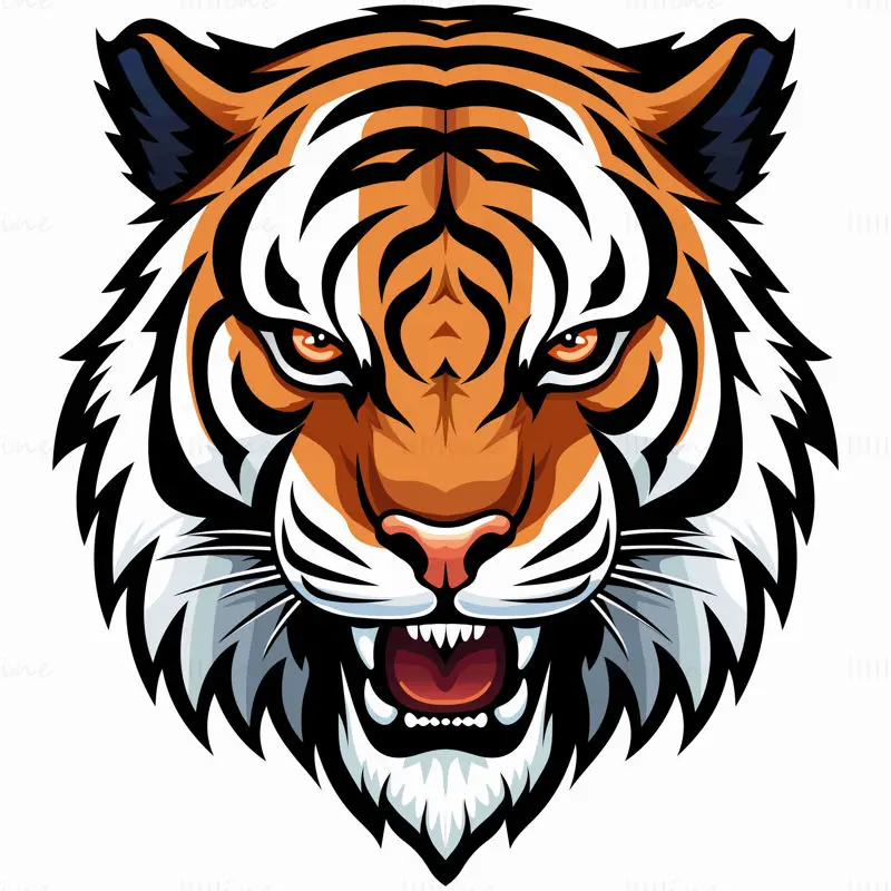 Angry tiger head with fierce expression, showing sharp teeth vector design