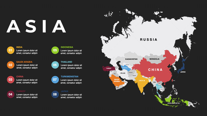 Ázsia Infografika Térkép szerkeszthető PPT és Keynote