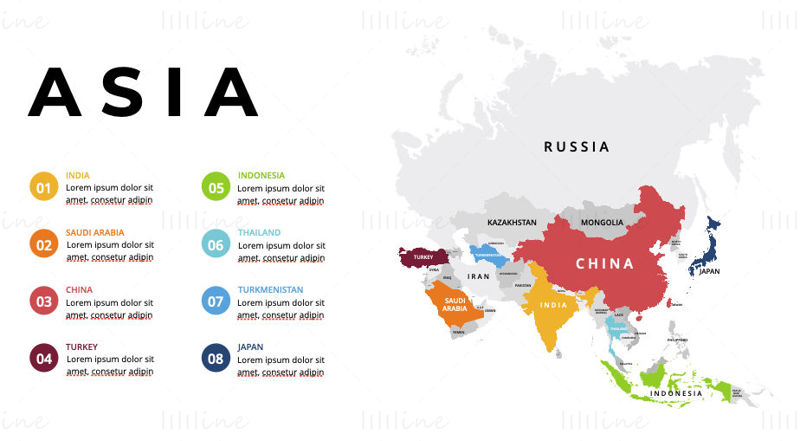 Инфографическая карта Азии, редактируемая PPT и Keynote