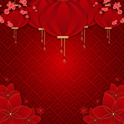 Banner Happy Chinese New Year 2023. Traditional Red hanging lantern, gifts box, and golden tinsel. Horizontal posters, greeting cards, headers, website.