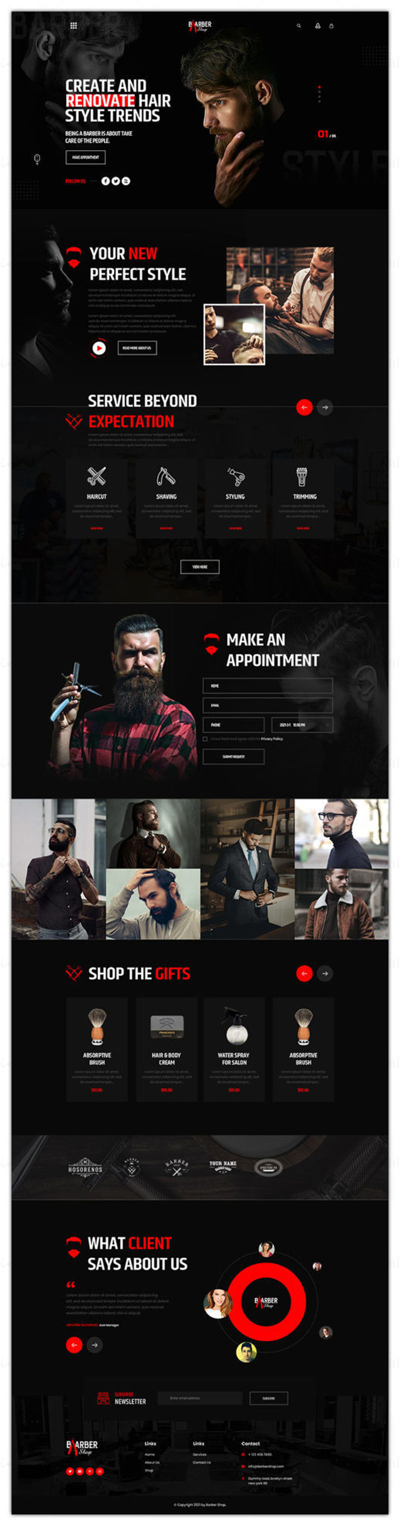Потребителски интерфейс на уебсайта на бръснарски и фризьорски салони Adobe Photoshop PSD