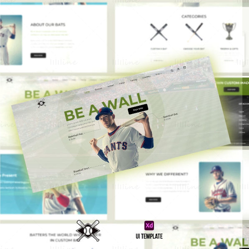 Шаблон пользовательского интерфейса целевой страницы веб-сайта бейсбольного оборудования Batter — UI Adobe XD