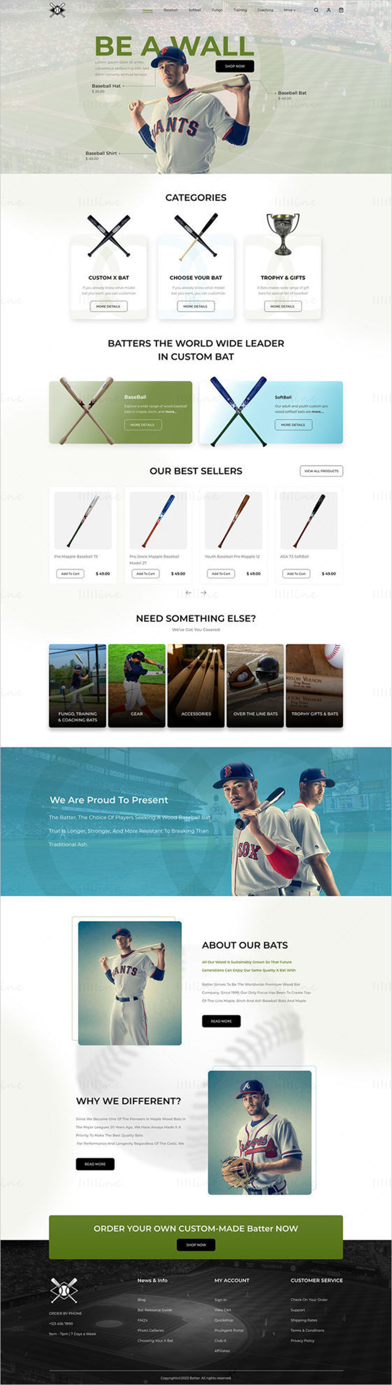 Modelo de interface do usuário da página de destino do site de equipamento de beisebol da massa - interface do usuário Adobe XD