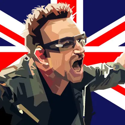 Bono U2 zpěvák anglická rocková kapela retro vektor