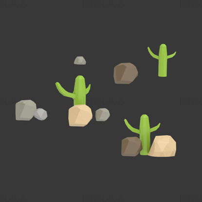 Modelo 3d de cactus y piedra.