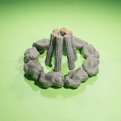 Kamp ateşi taşları ve ahşap 3D model