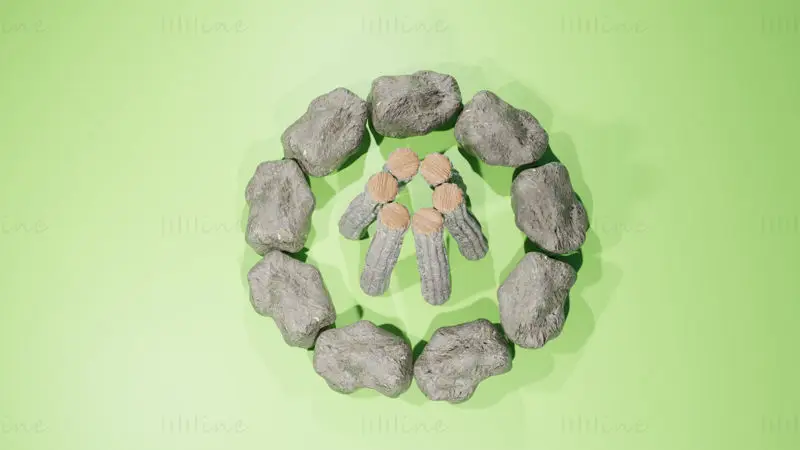 Tábortűz kövek és fa 3D-s modell