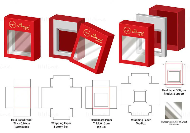 Cardboard gift box with transparent lid and product support dieline vector
