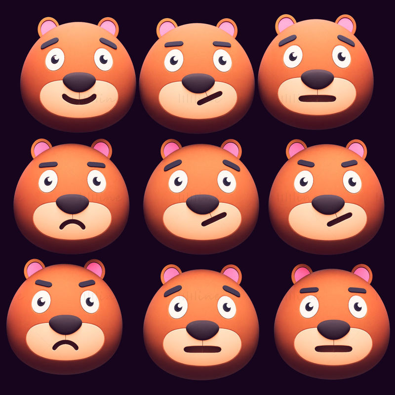 Tegneserie Bear Head Pack Emoji 3D-modell