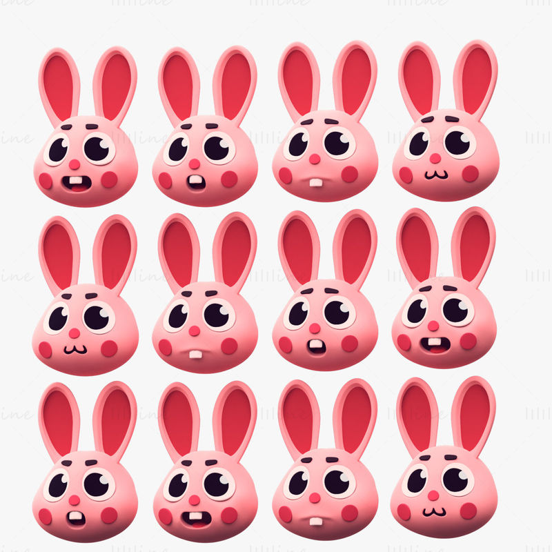 Cartoon Head Rabbit Pack Emoji 3D Model