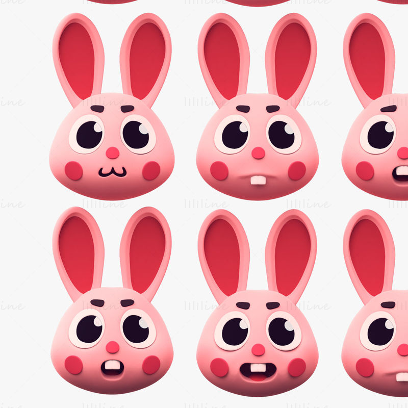 Cartoon Head Rabbit Pack Emoji 3D Model