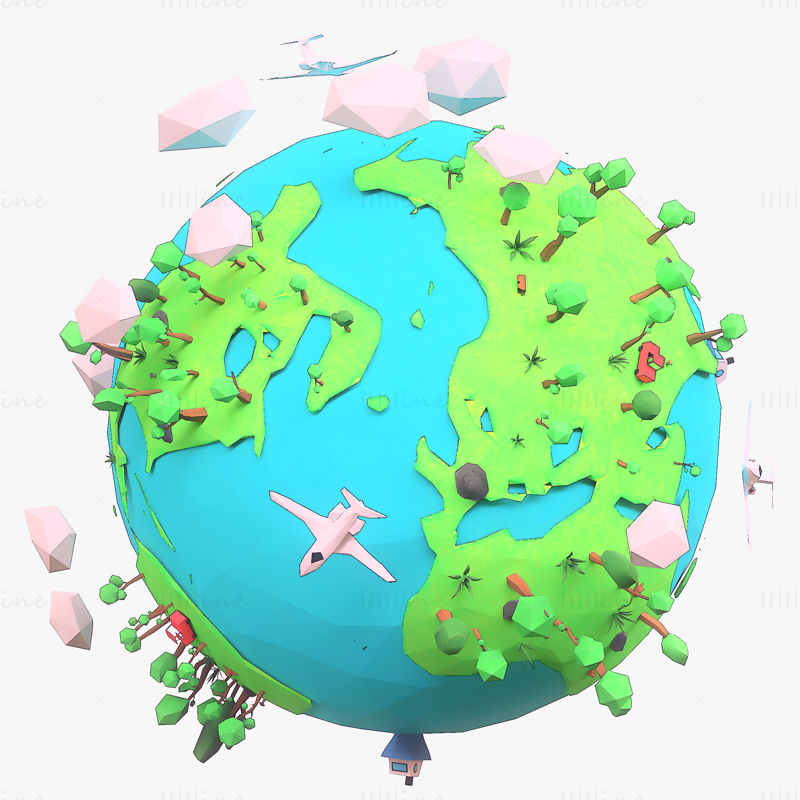 Карикатурен пакет с 3d модел земно дърво с малък многоъгълник