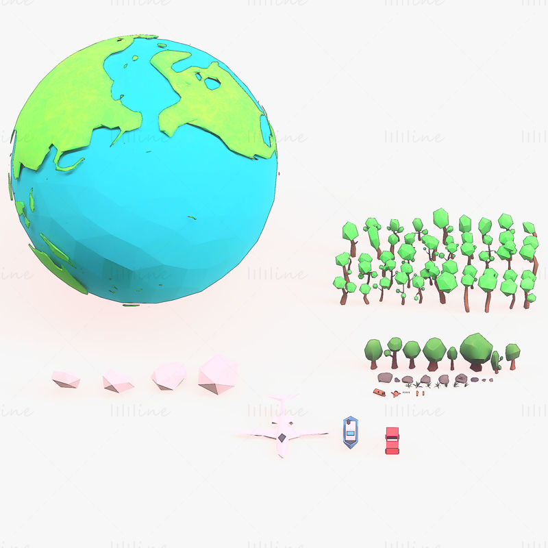 Pack de modèles 3d d'arbre de terre à faible polygone de dessin animé
