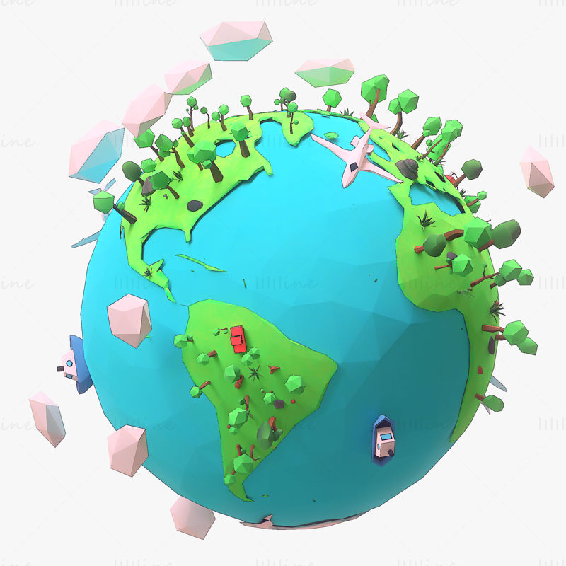 Kreslený 3D model země mnohoúhelníkového stromu