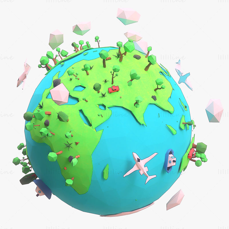 حزمة نموذج شجرة الأرض ثلاثية الأبعاد منخفضة المضلع الكرتونية