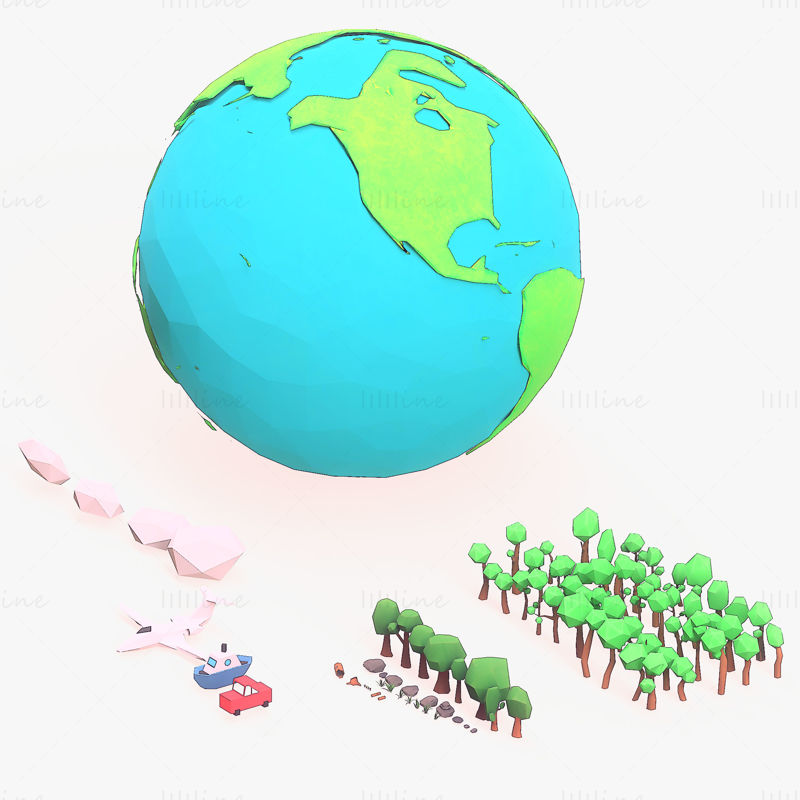 卡通低多边形地球和树3d模型包