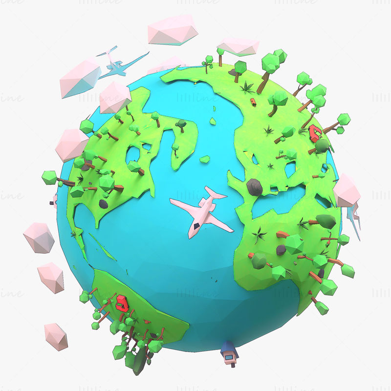 卡通低多边形地球和树3d模型包
