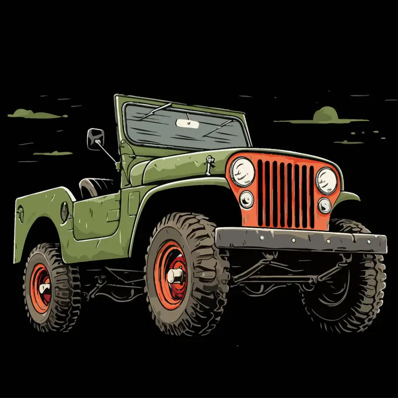 Groene cheng jeep off-road voertuig retro illustratie kleding vector element patroon