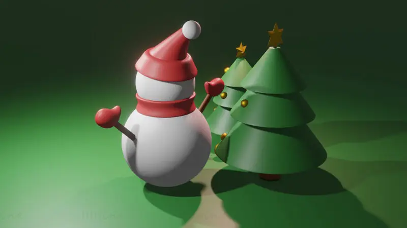 نموذج شجرة عيد الميلاد ورجل الثلج ثلاثي الأبعاد