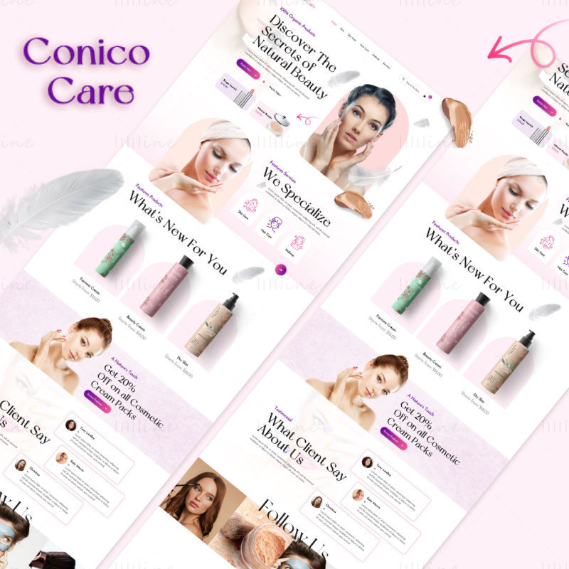 Página inicial de Cosméticos e cuidados com a pele da Conico-Care - UI Adobe Photoshop