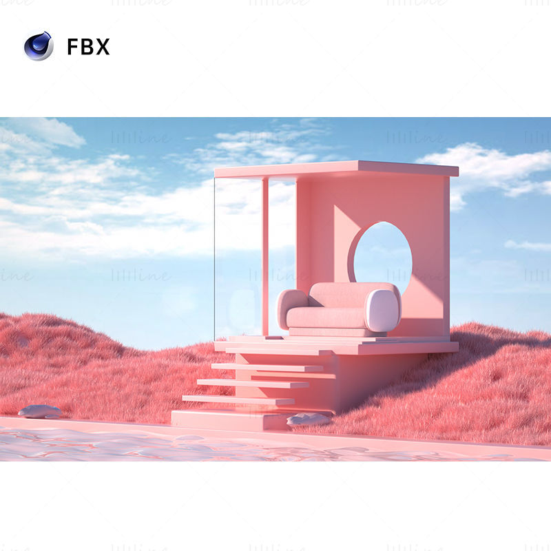 Creatieve bank 3d-scène roze bankmodel buitenomgeving