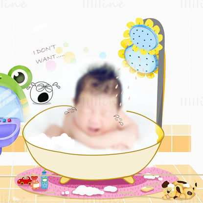 Crying baby taking a bath photography template