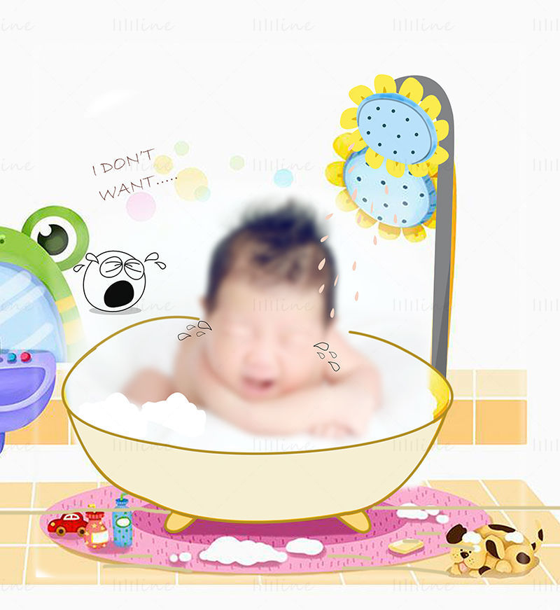 Crying baby taking a bath photography template