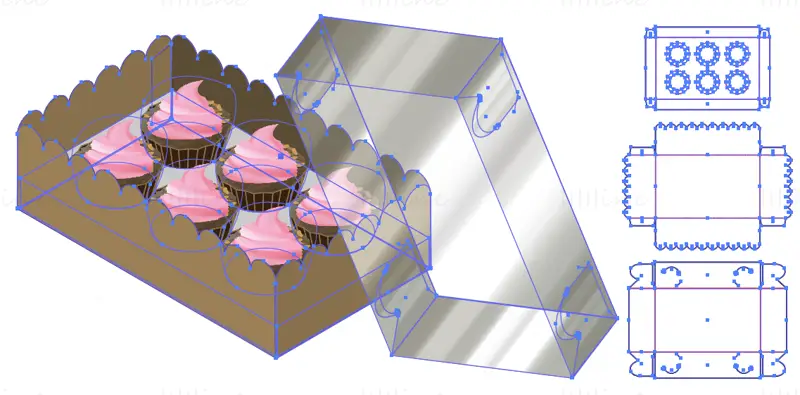 Cup cake packaging box dieline vector