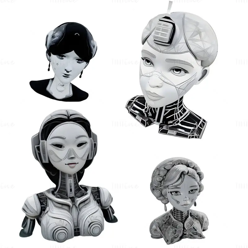 Cyberpunk Era Ladies 3D Print Zbirka modelov – retro-futuristični doprsni kipi