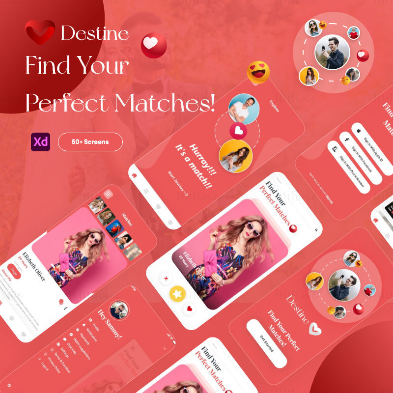 Шаблон пользовательского интерфейса приложения Destine Dating — Adobe XD Mobile UI Kit