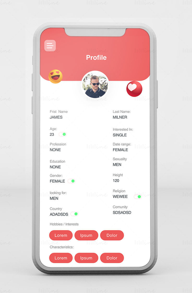 Destin Dating アプリ UI テンプレート - Adobe XD Mobile UI Kit