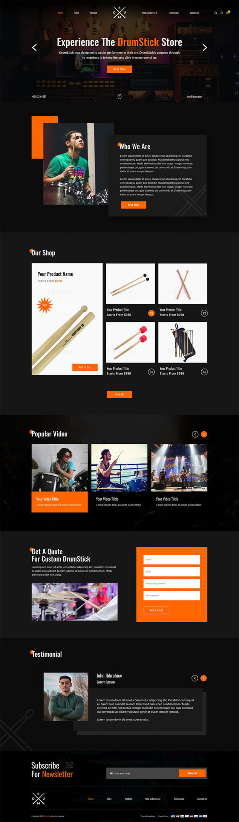 Шаблон пользовательского интерфейса целевой страницы веб-сайта электронной коммерции Drum Stick — UI Adobe XD