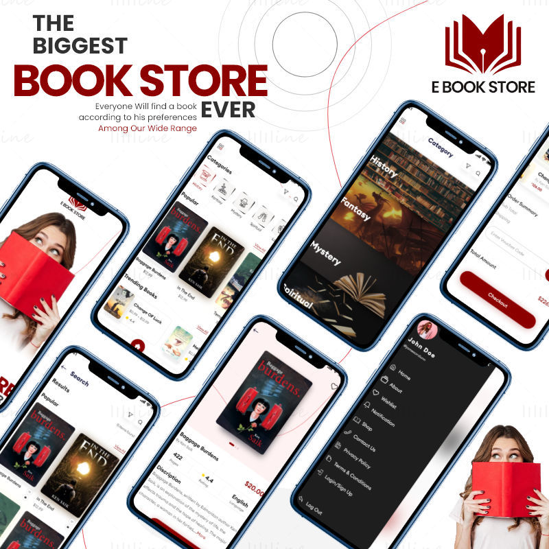 E-kitap mağazası Uygulama Şablonu - Adobe XD Mobile UI Kit