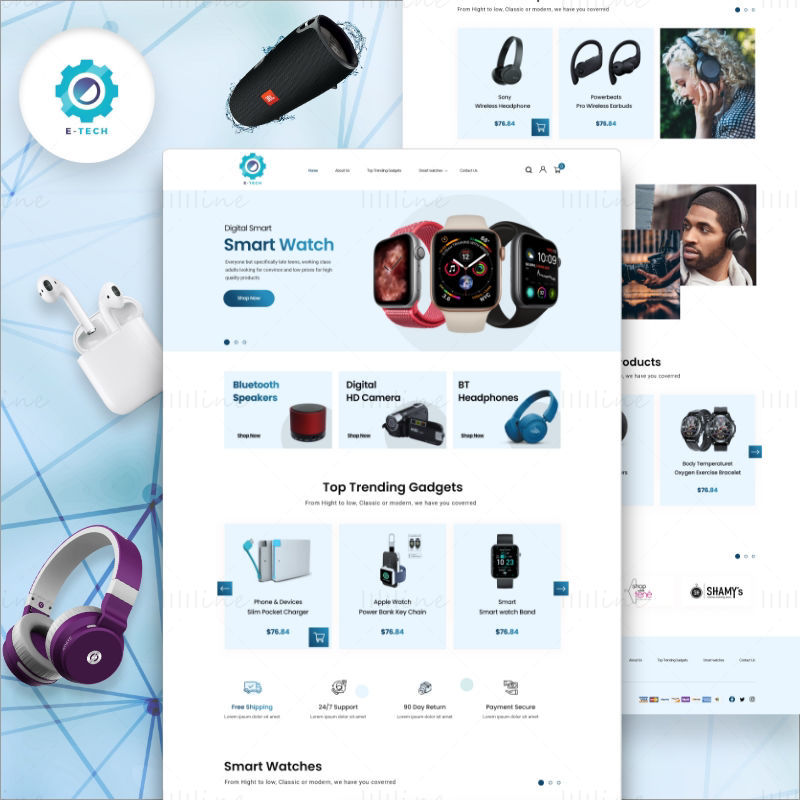 E-Tech e-Ticaret web sitesi açılış sayfası şablonu - UI Adobe XD