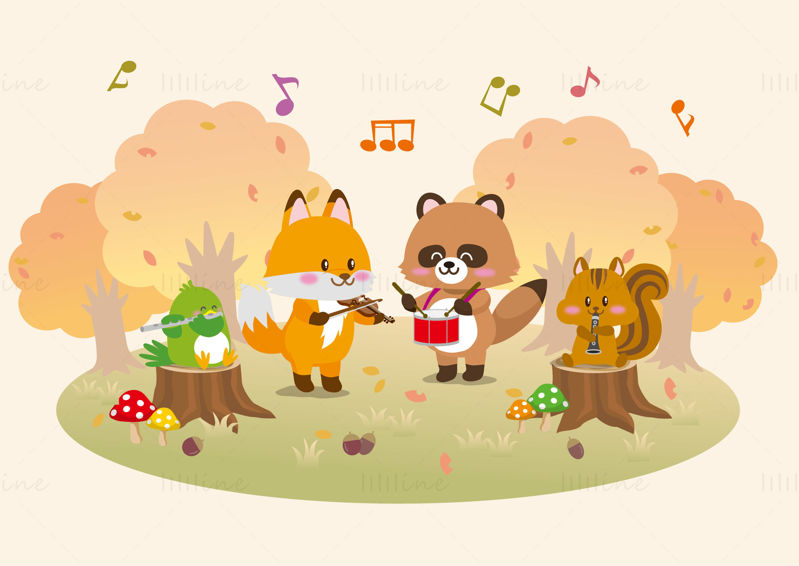 Fox civet cat bird squirrel animal playing musical instruments in the forest autumn element scene vector EPS illustration