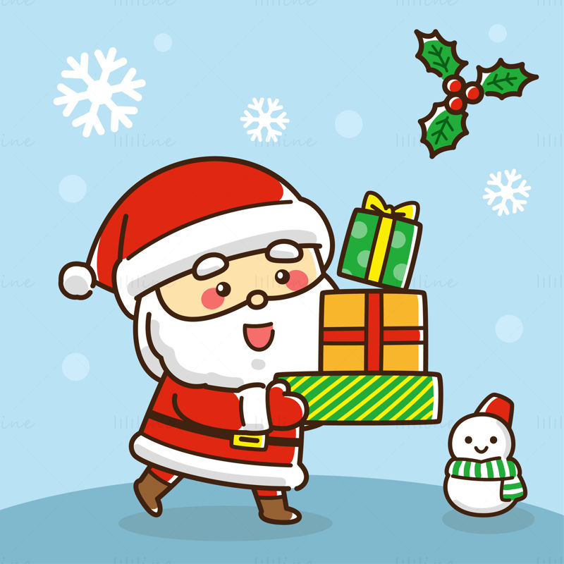 Santa Claus holding gifts snowman snowflakes falling holiday elements vector EPS