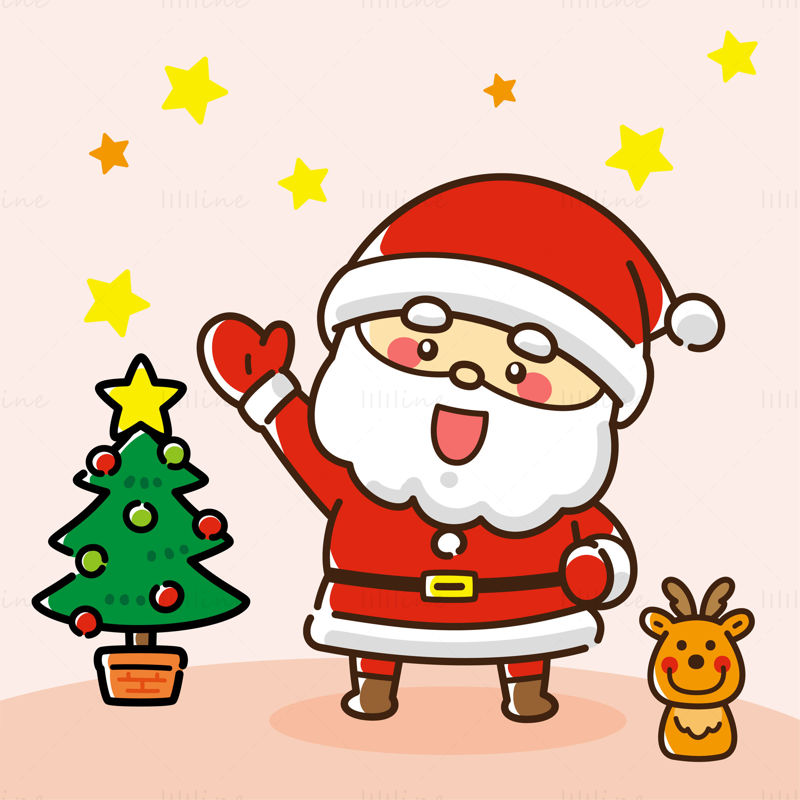 Santa Claus waving action Christmas tree holiday elements vector EPS