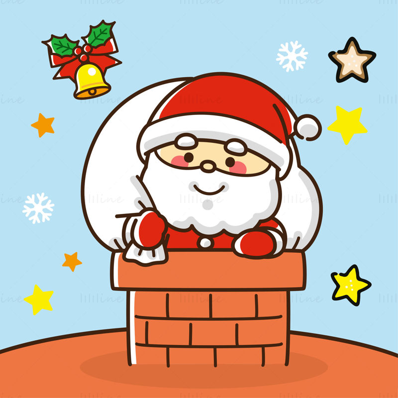 Santa Claus carrying a gift bag delivering gifts in the chimney with bells holiday elements vector EPS
