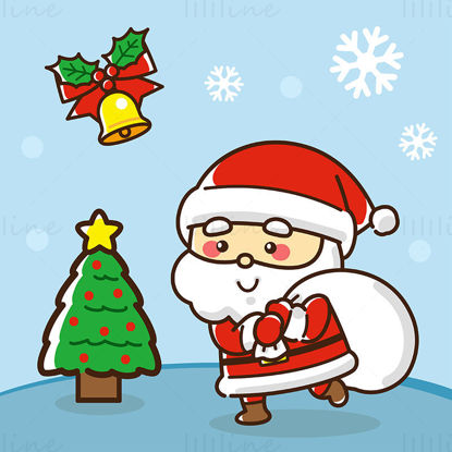 Santa Claus carrying a gift bag delivering gifts Christmas tree bells snowflakes holiday elements vector EPS